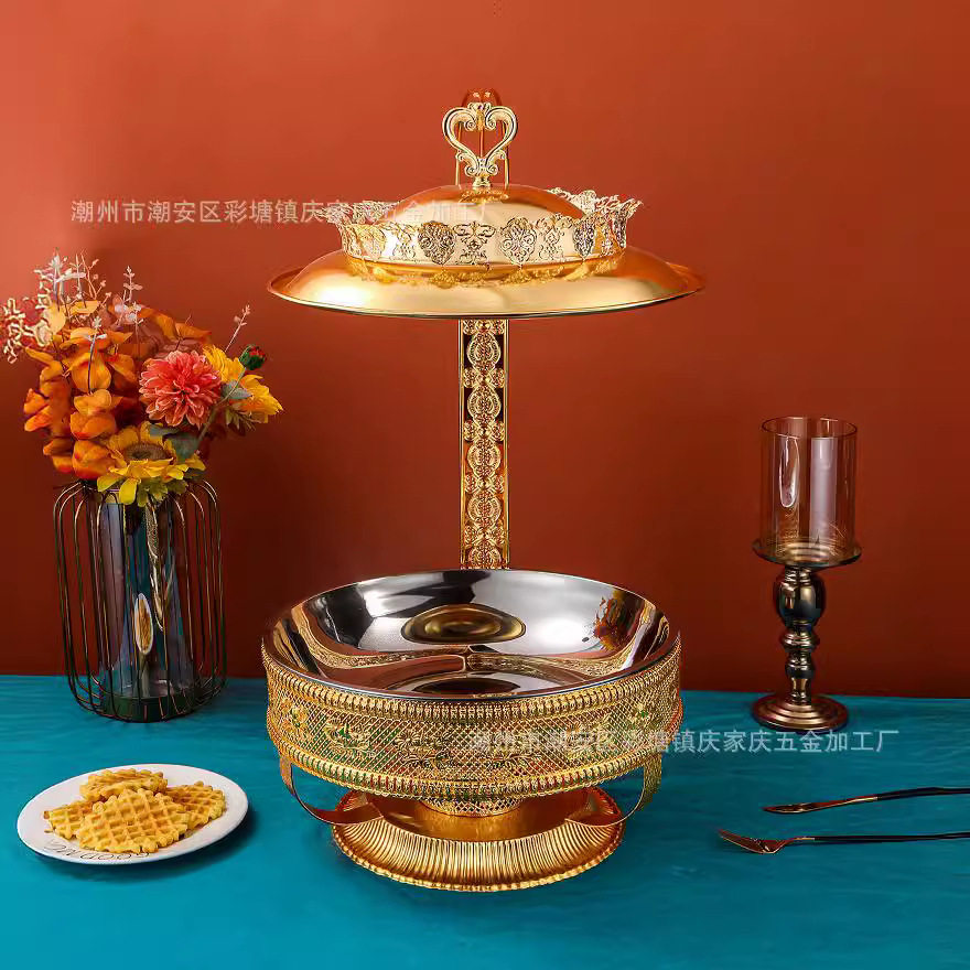 金色花边豪华不锈钢酒精炉酒店餐厅自助餐炉高档可吊盖加热保温炉