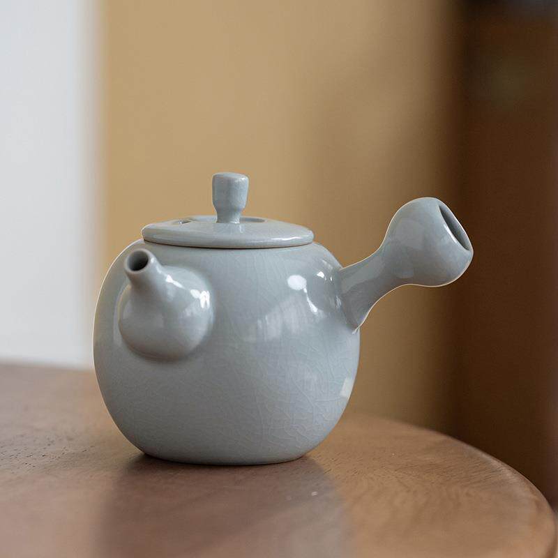 汝窑茶壶单个开片可养小号家用天青色侧把泡茶沏茶壶文人拇指壶