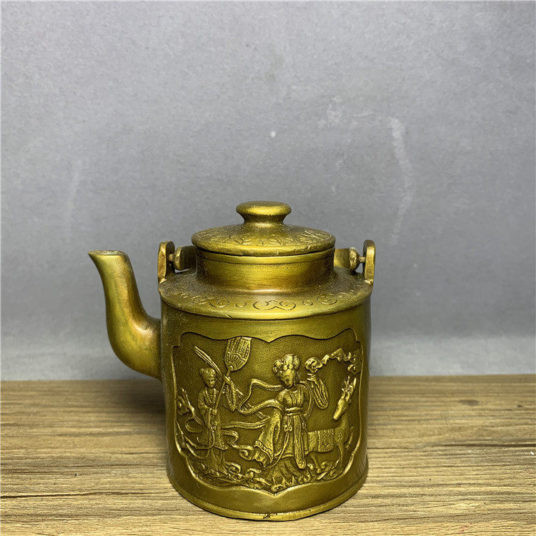 古玩古董铜器复古老式宫延铜壶麻姑献寿图纯铜提粱壶古玩收藏摆件
