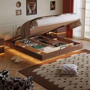 中古风无床头纯实木悬浮储物床榉木排骨架榻榻米小户型高箱收纳床