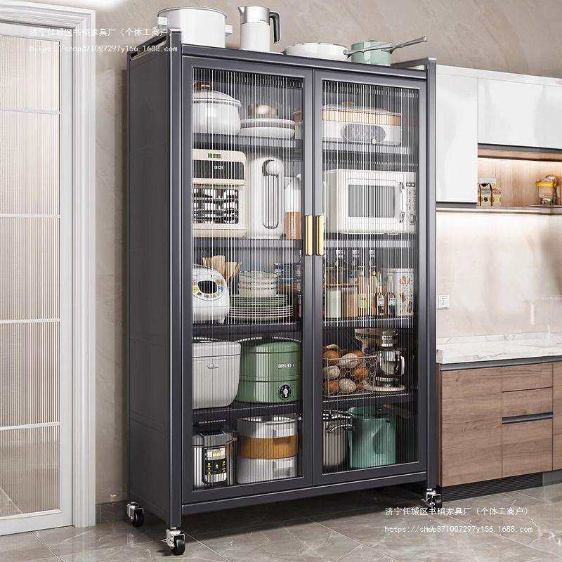 家用置物架厨房多功能储物柜多层带门收纳橱柜微波炉置物柜带轮子