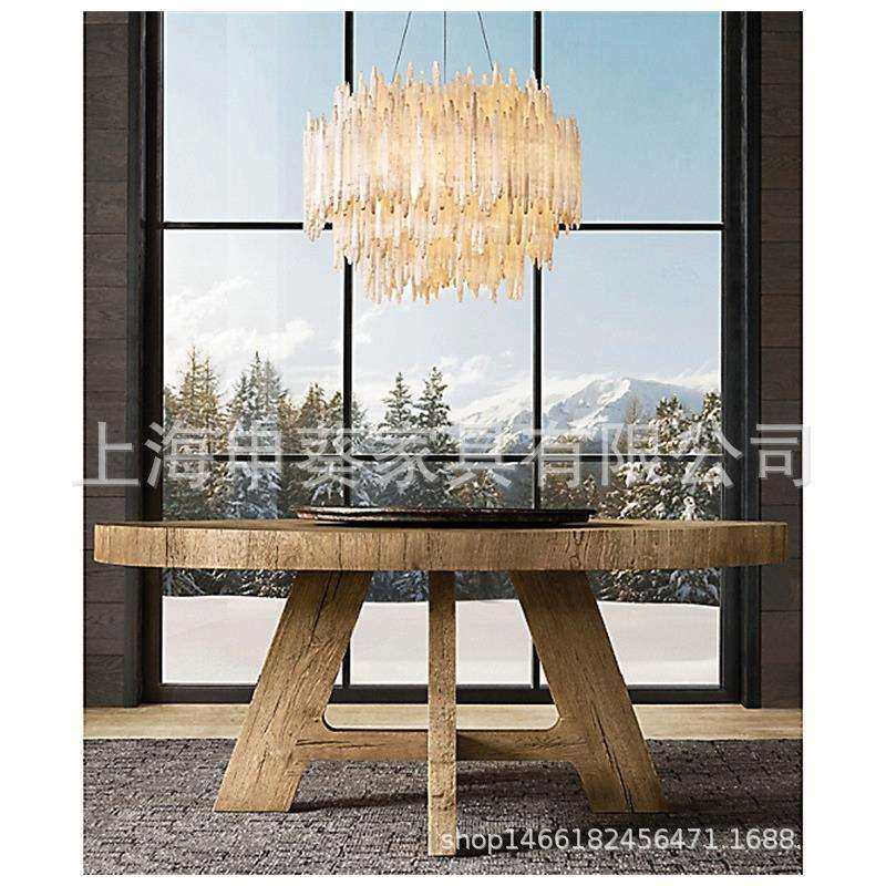 美式乡村复古轻奢圆形餐桌实木做旧多人饭桌家用大户型别墅样板房