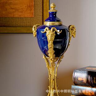 美式风格装饰盖坛工艺品欧式简约现代陶瓷羊头摆设铜制品摆件
