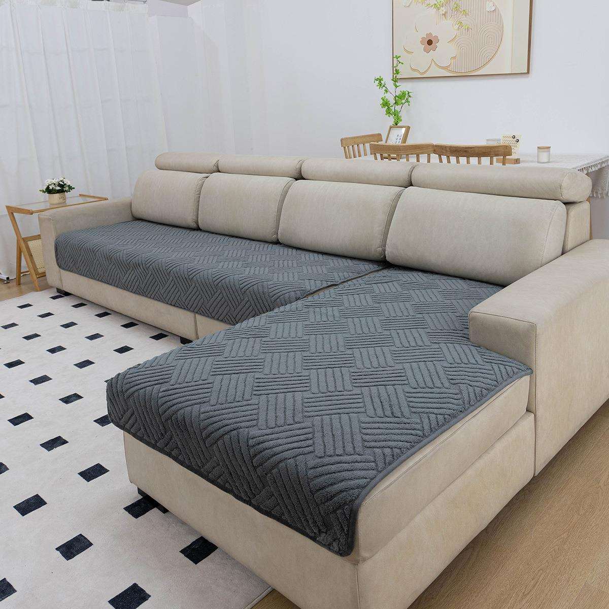 (两件套)爆款纯色毛绒沙发垫冬季加厚盖布巾简约现代沙发套罩