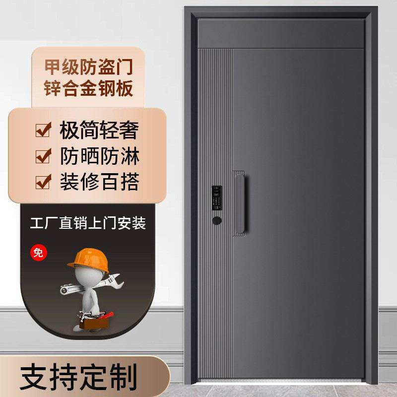 高端入户防盗门搭配嵌入式指纹锁精雕拉手钢雕造型别墅大门大门