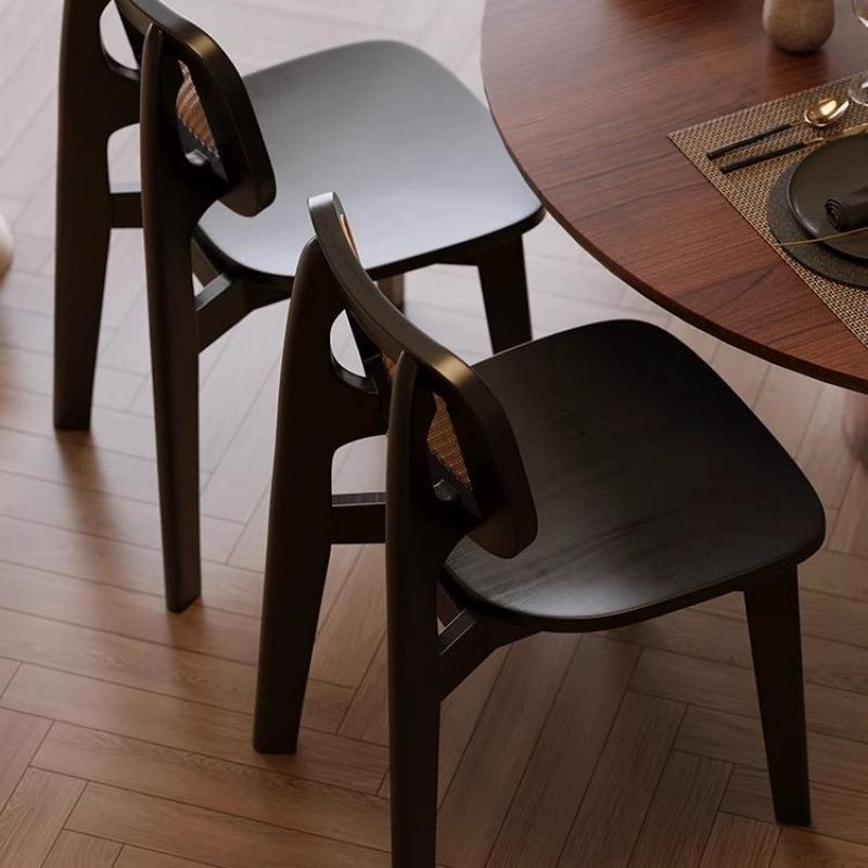 中古藤编餐椅家用极简茶桌靠背椅子法式复古设计师黑色实木餐桌椅