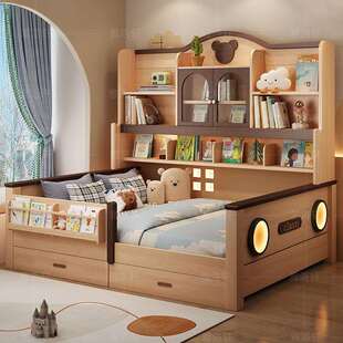 原木色实木儿童床男女孩一体床省空间上床下桌衣柜一体储物组合