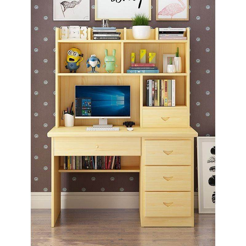 实木电脑桌台式家用书桌书架组合一体简约儿童写字桌学生学习桌子