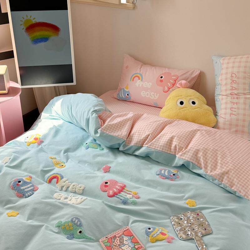 秋冬全棉磨毛四件套100纯棉卡通毛巾绣刺绣被套儿童床上1.2三件套