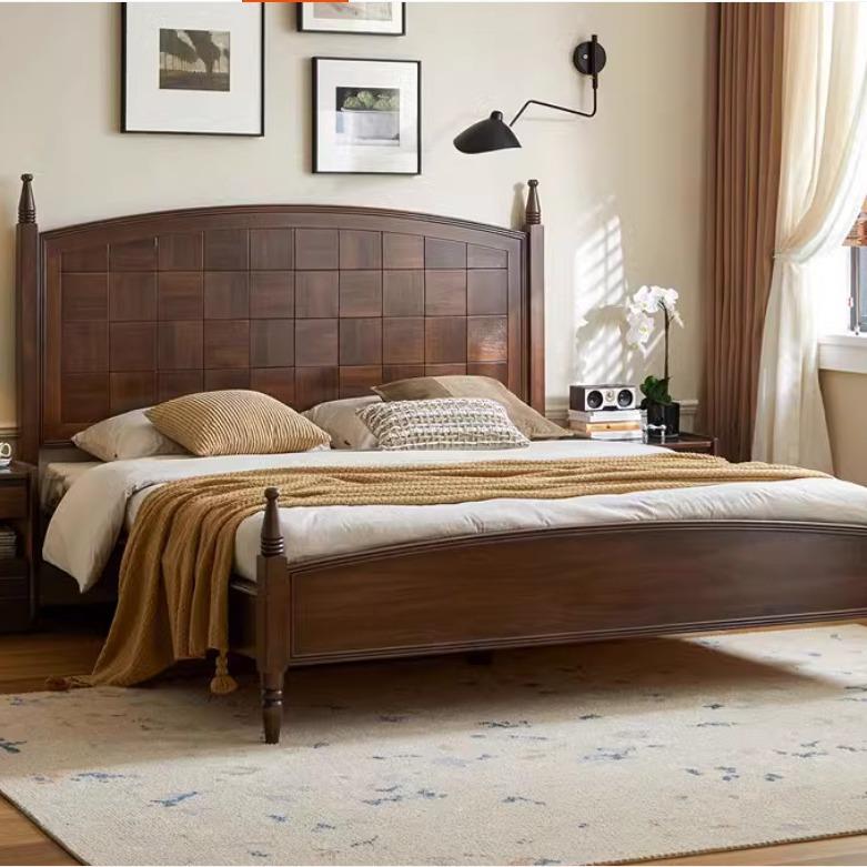 复古北美黑胡桃木实木床中古风卧室简约魔方高靠背1.8米双人大床
