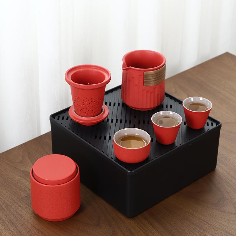 黑陶旅行茶具小套装办公家用泡茶壶中国红陶瓷茶杯户外茶盘便携包