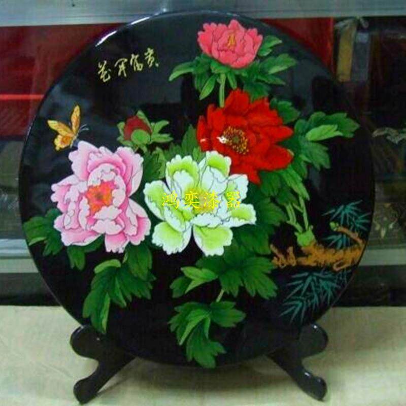 推光漆器工艺品摆件漆画描金彩绘圆盘牡丹梅兰竹菊装饰摆件漆盘