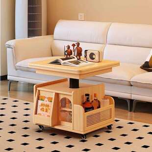 实木可移动茶几多功能可升降折叠边几推车中古风家用茶桌餐桌两用