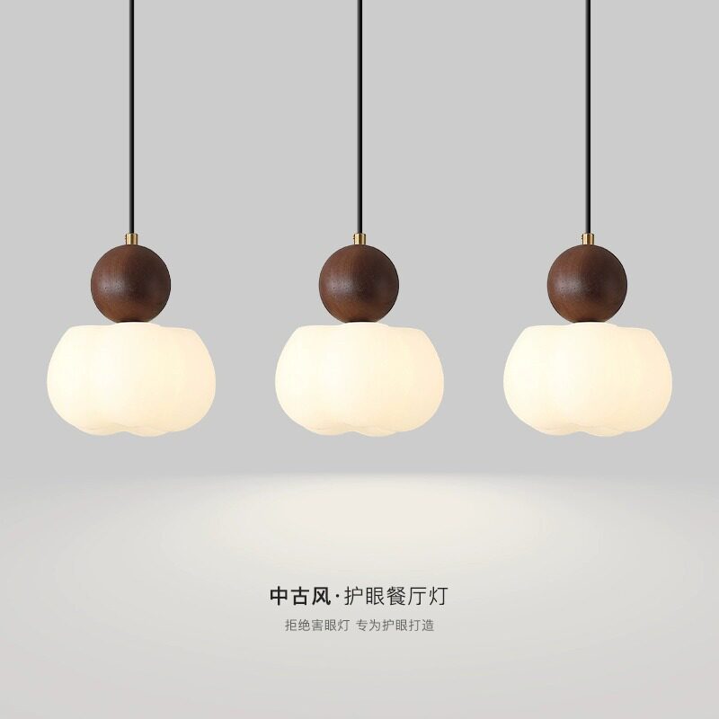 棉花吊灯新中式胡桃木色餐厅灯复古中古温馨棉花餐桌吊灯中山灯具