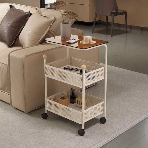 奶油卧室床头移动客厅侧边迷你小推车置物茶几玻璃沙发置物架边柜