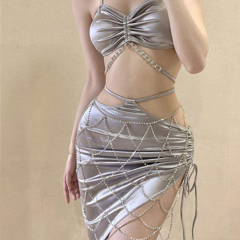 2023新款亮闪闪水钻泳衣套装女款高级感小胸聚拢绸