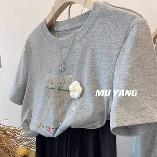 上衣 特大码 美式 复古洋气减龄立体小花纯棉T恤女夏季 宽松慵懒短袖