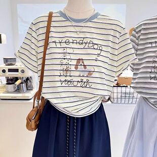 女宽松显瘦休闲上衣ins潮 韩国2025夏季 新款 趣味印花条纹短袖 T恤衫
