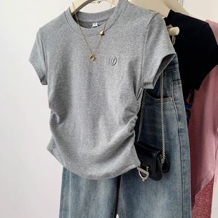 设计感修身 灰色爱心刺绣短款 2025新款 短袖 正肩体恤上衣 t恤女夏季