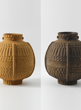 复古仿旧侘寂风民宿酒店四耳圆环装饰陶瓷花瓶花器样板间客厅摆件