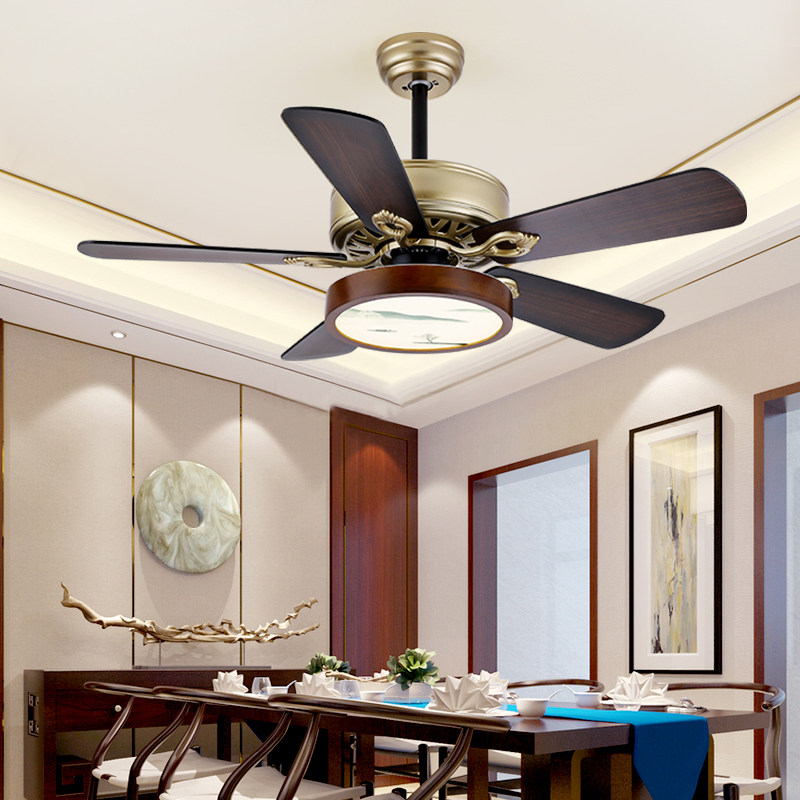 新中式风扇灯吊扇灯复古餐厅电风扇吊灯古典卧室家用木叶灯扇一体