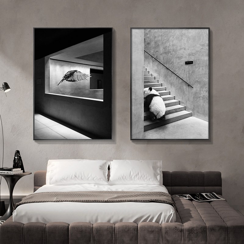 黑白装饰画工业风摄影创意挂画建筑背景动物后现代客厅壁画简约图片