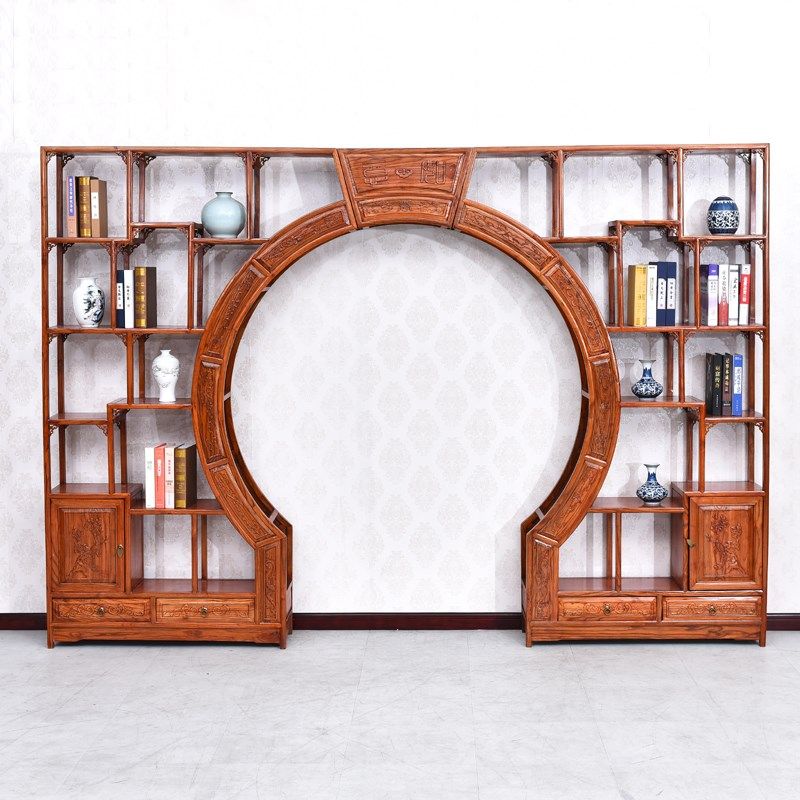 定制仿古伸缩月洞门隔断玄关客厅背景中式古董博古架实木月亮圆门