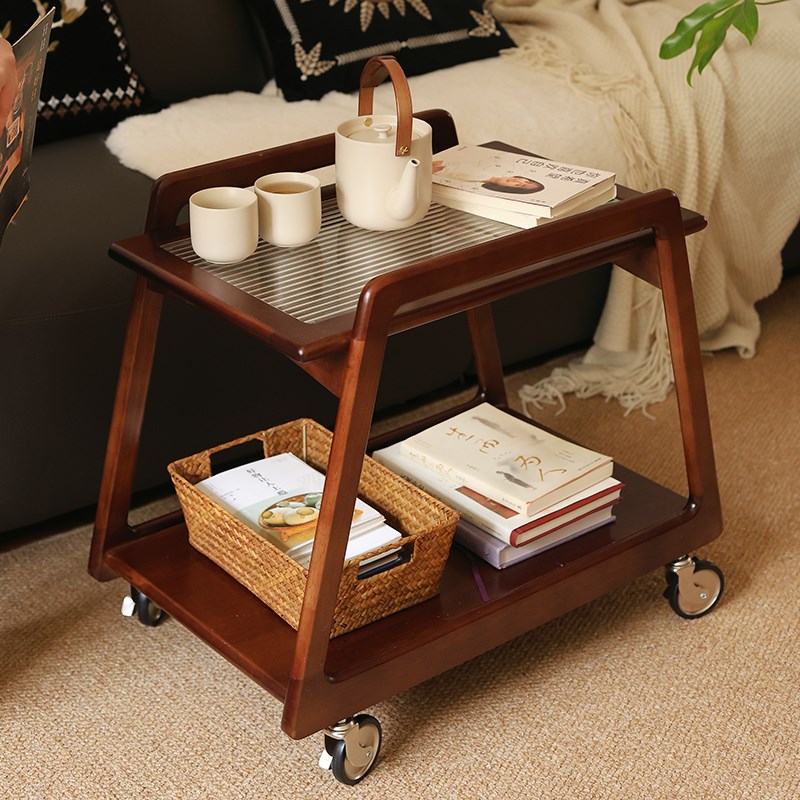 中复古实木沙发边茶几法式小推车零食置物架客厅可移动卧室床头柜