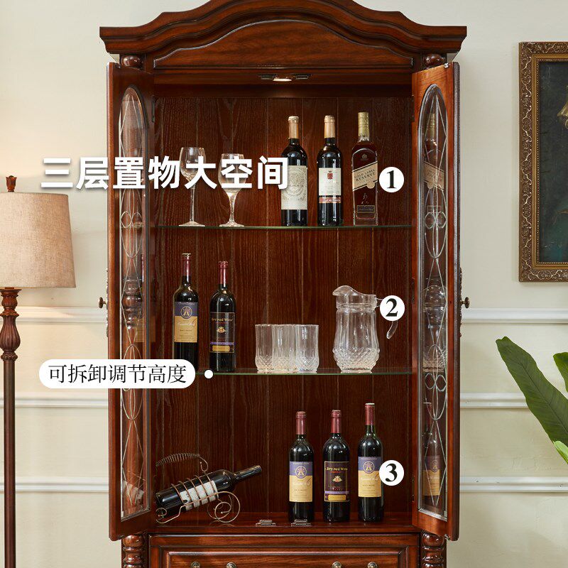 美式覆古双门酒柜欧式实木客厅电视柜旁收纳柜酒水展示柜玻璃立柜