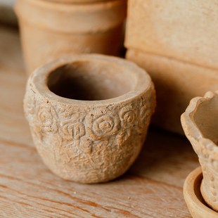此莳 手工小花盆带托盘复古透气桌面小陶盆