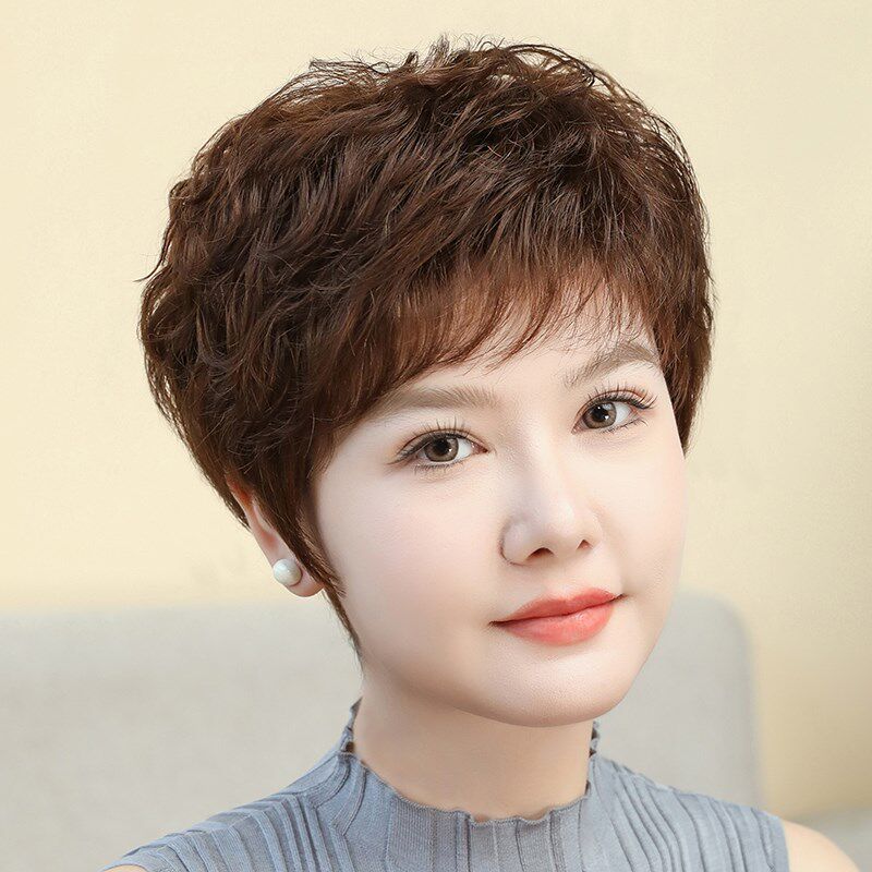 佰美丝假发女全头套真发自然短卷发假发套中老年妈妈真人发