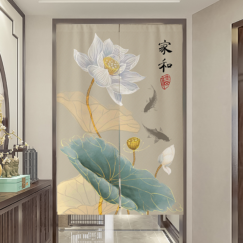 中式门帘免打孔隔断窗厨房卧室茶室遮挡帘房间分隔布帘磁吸帘子