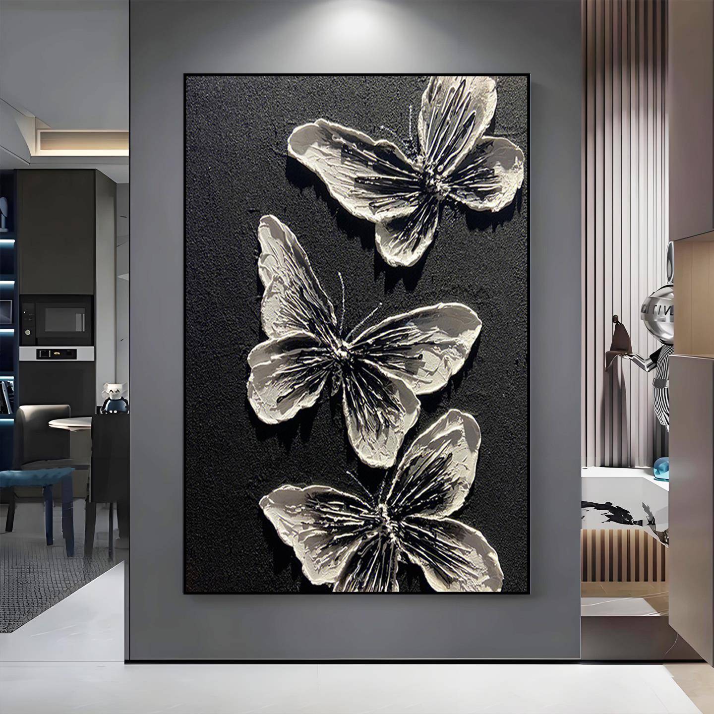 纯手绘抽象肌理蝴蝶大芬村油画画玄关装饰画画立体客厅背景墙黑白图片