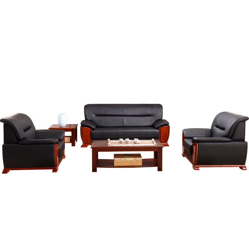 现代简约实木框架黑色西皮沙发办公室接待洽谈