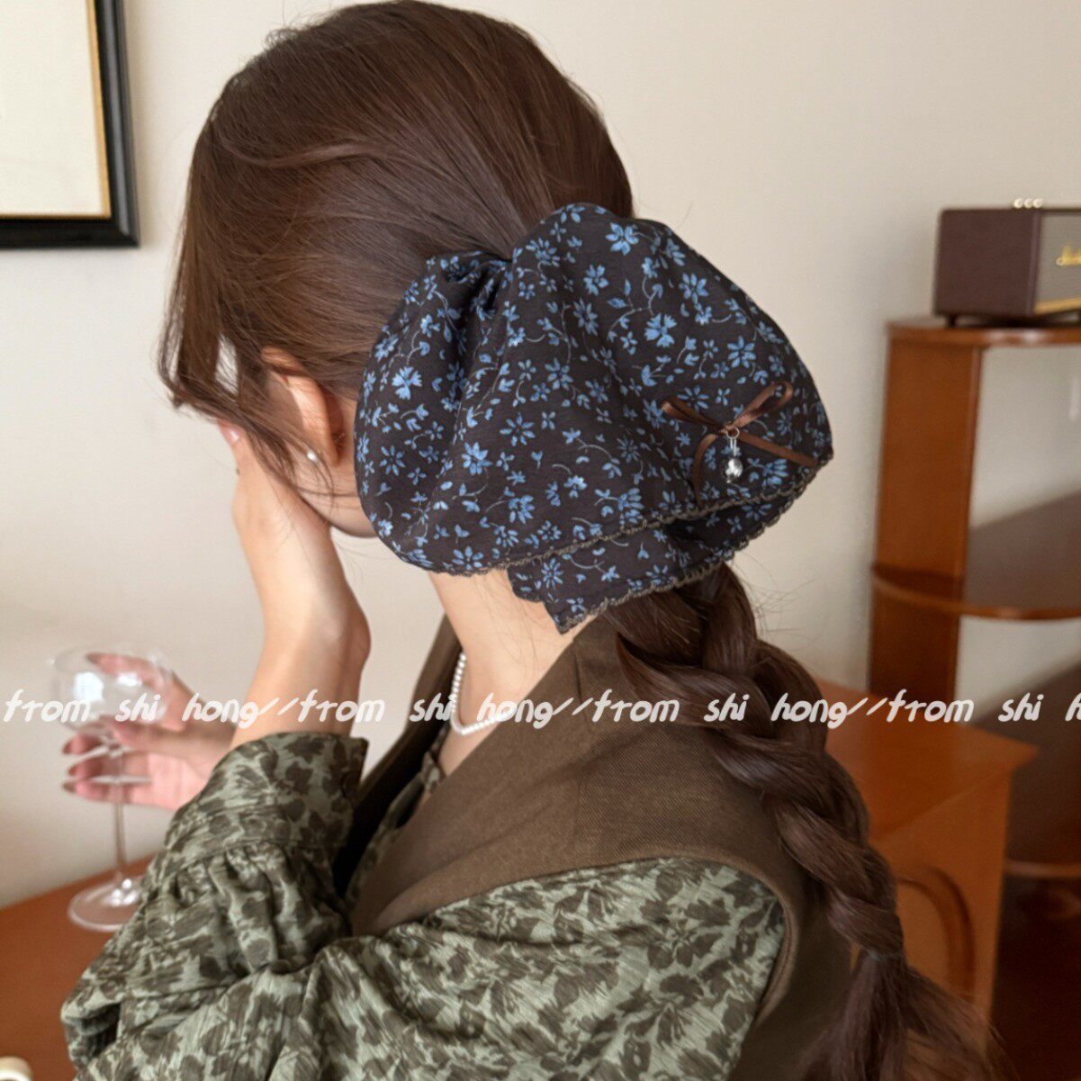 韩国气质复古文艺碎花马尾抓夹通勤清新花边撞色蝴蝶结盘发马尾夹