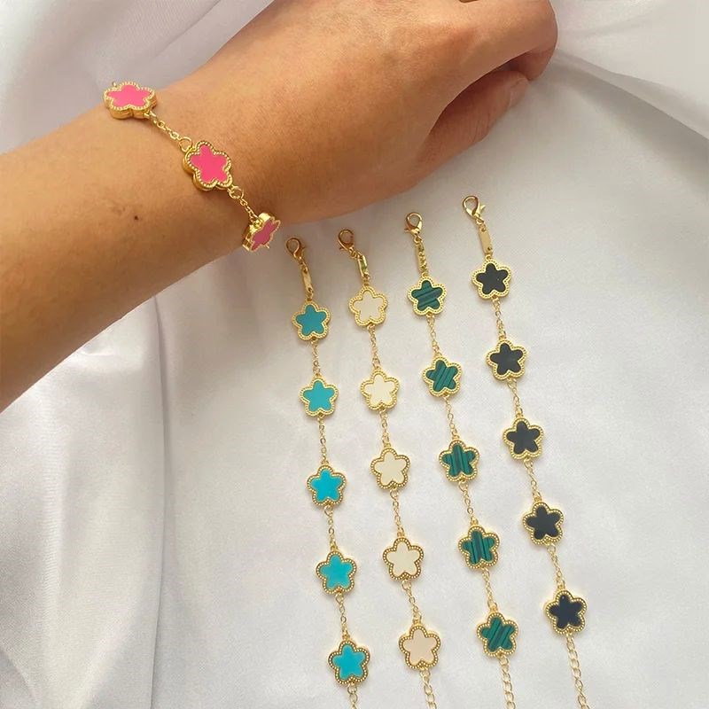 Five Flower Chkarm Bracelet Gold Plated Double Colorful Clov