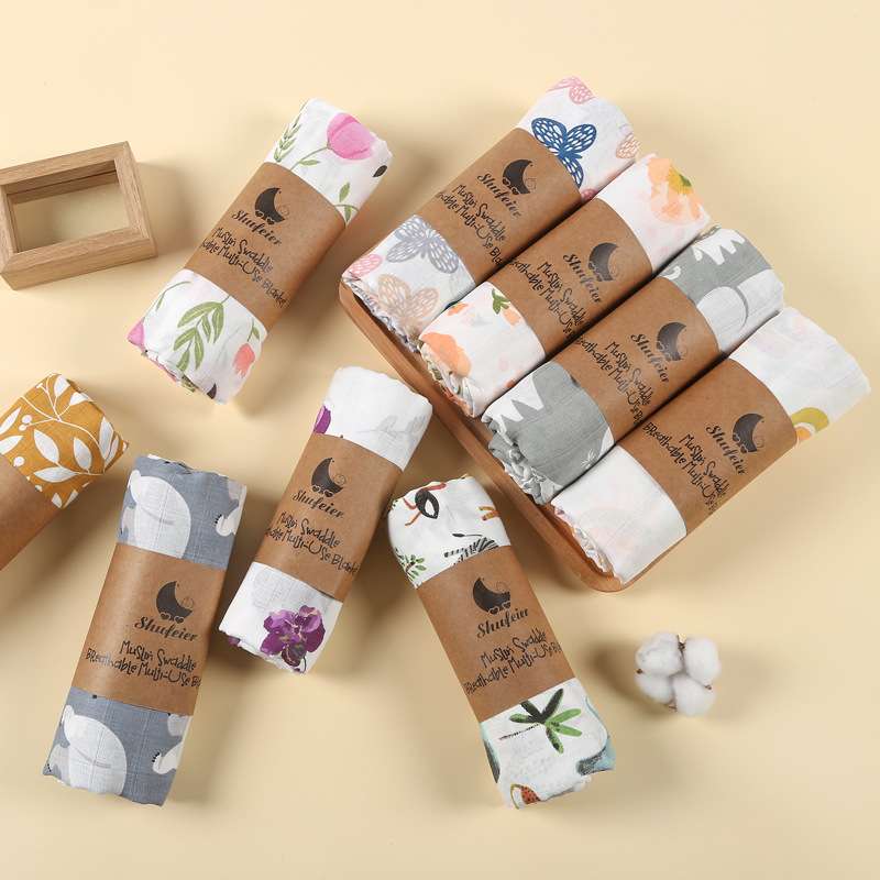 musli双层格格纱布包巾婴儿浴巾柔软卡通印花襁褓巾推车巾代发