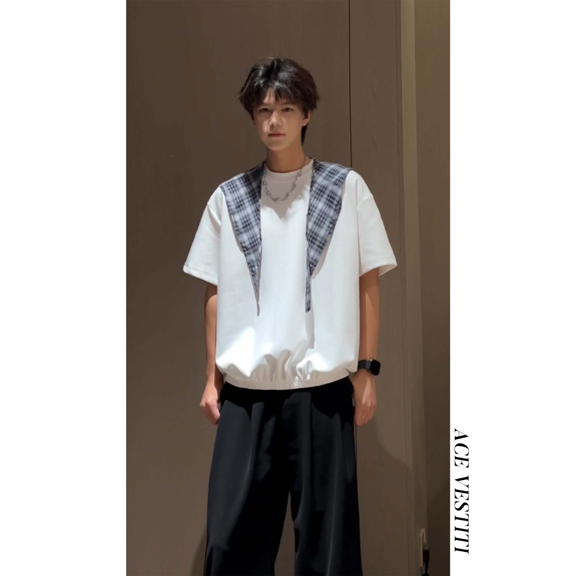 ACE VESTITI韩式格纹披肩设计感男士短袖收口下摆百搭休闲圆领T恤
