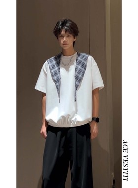 ACE VESTITI韩式格纹披肩设计感男士短袖收口下摆百搭休闲圆领T恤