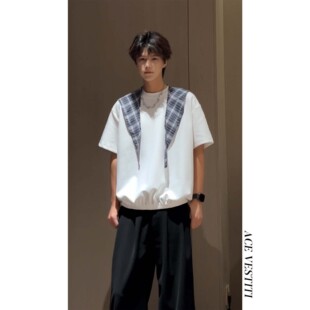 ACE 格紋披肩設計感男士 短袖 收口下擺百搭休閑圓領T恤 VESTITI韓式