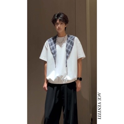ACE VESTITI韩式格纹披肩设计感男士短袖收口下摆百搭休闲圆领T恤