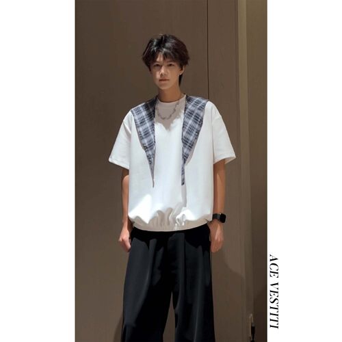 ACE VESTITI韩式格纹披肩设计感男士短袖收口下摆百搭休闲圆领T恤