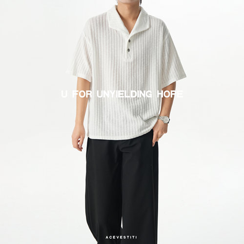 ACE VESTITI肌理竖条纹冰感POLO衫男夏季宽松翻领短袖T恤休闲上衣