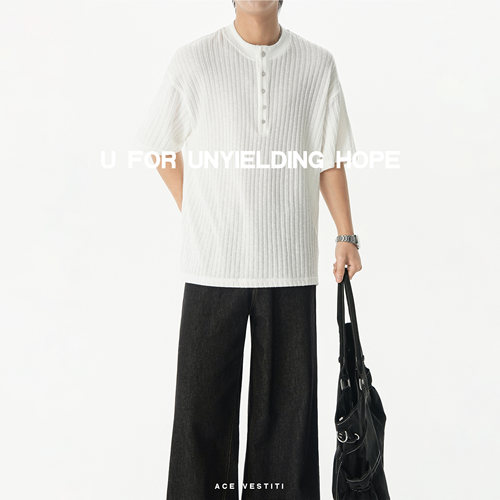 老钱风肌理感坑条短袖亨利领男士夏季潮流宽松上衣