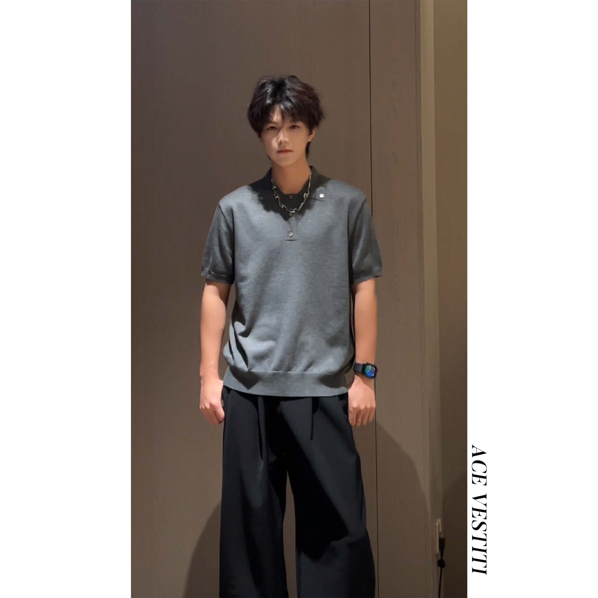 ACE VESTITI设计感纽扣装饰翻领T恤夏季纯色简约休闲男士短袖上衣