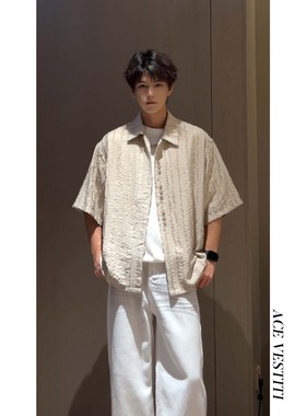 ACE VESTITI 斑驳破坏肌理条纹老钱短袖衬衫男设计感小众宽松衬衣