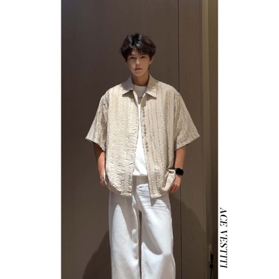 ACE VESTITI 斑驳破坏肌理条纹老钱短袖衬衫男设计感小众宽松衬衣