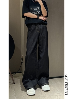 ACE VESTITI 美式高街复古简约宽松直筒阔腿深色拖地牛仔裤