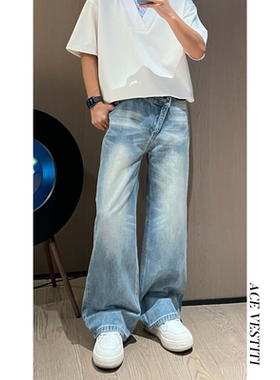 ACE VESTITI美式高街不规则斜襟做旧水洗牛仔裤宽松休闲直筒长裤