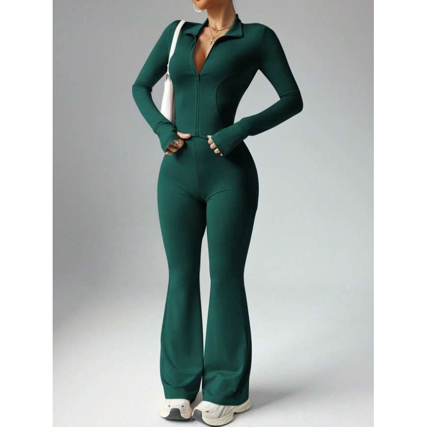 女士纯色长袖拉链运动套装高腰微喇健身裤+速干裸感瑜伽服套装